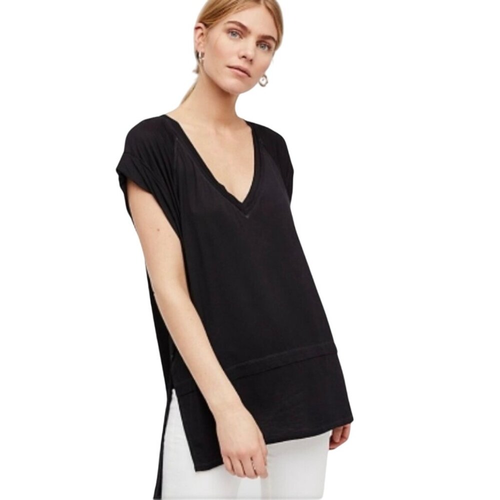 We the Free Voyage V-Neck Oversized Top High Low Black Tunic Rayon Spandex